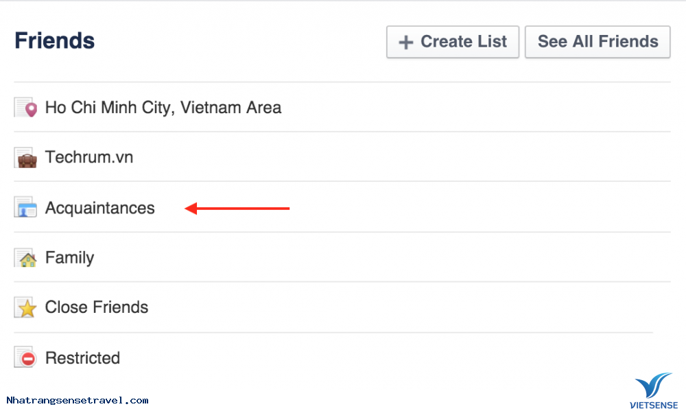 Giao diện danh sách người quen (Acquaintances) giúp lọc bạn bè không tương tác